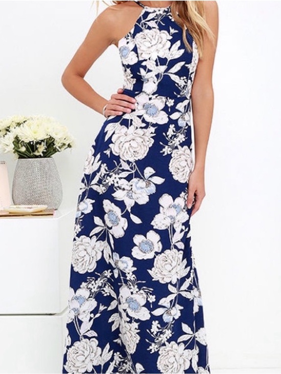Lulus Dresses & Skirts - Lulus Navy Blue White Floral Halter Maxi Dress Summer Wedding Guest Size S